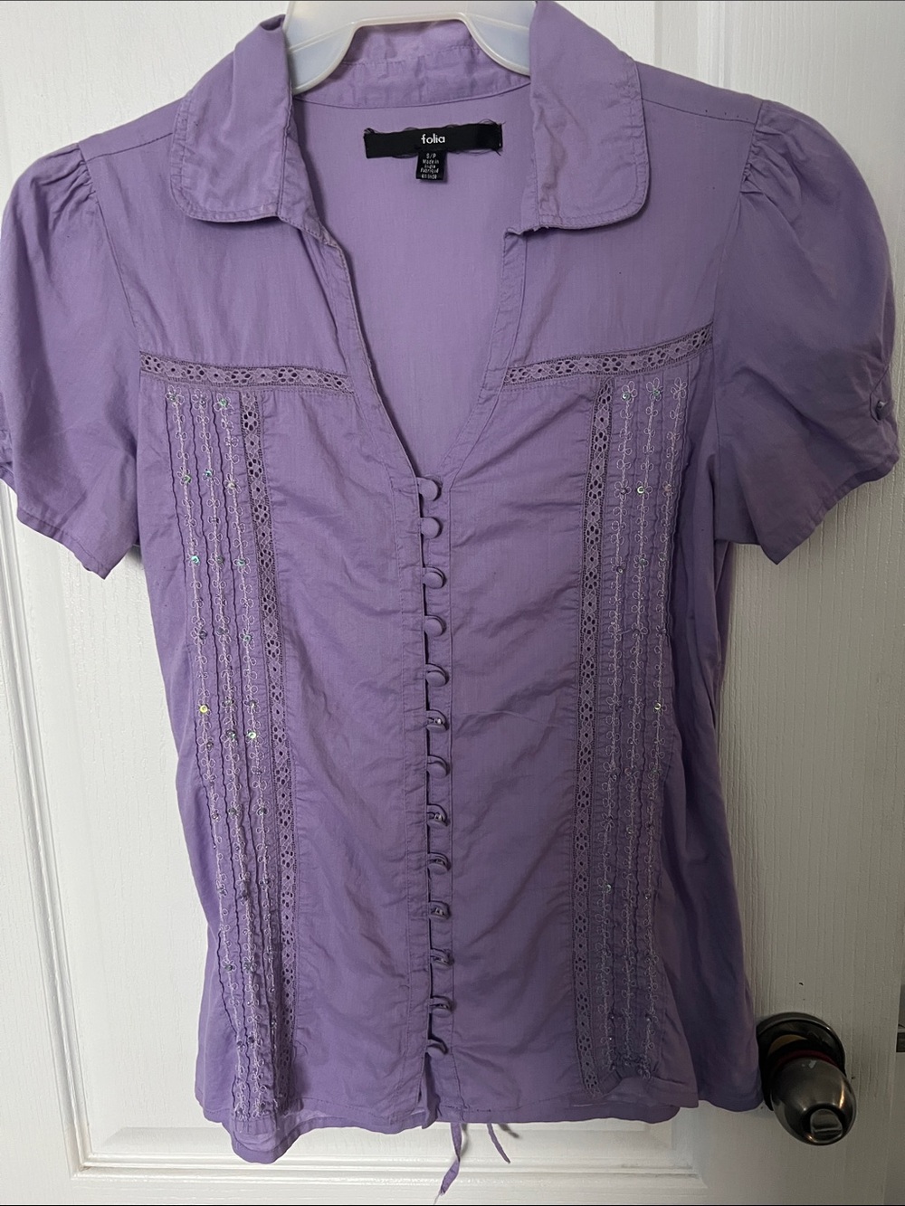 Light Lavender Short-Sleeve Button-Front Blouse with Lace Trim
